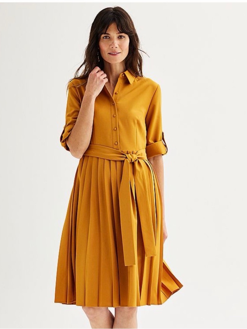 Nanette Lepore Mustard Shirt Dress with Pleated Skirt and Tie Waist